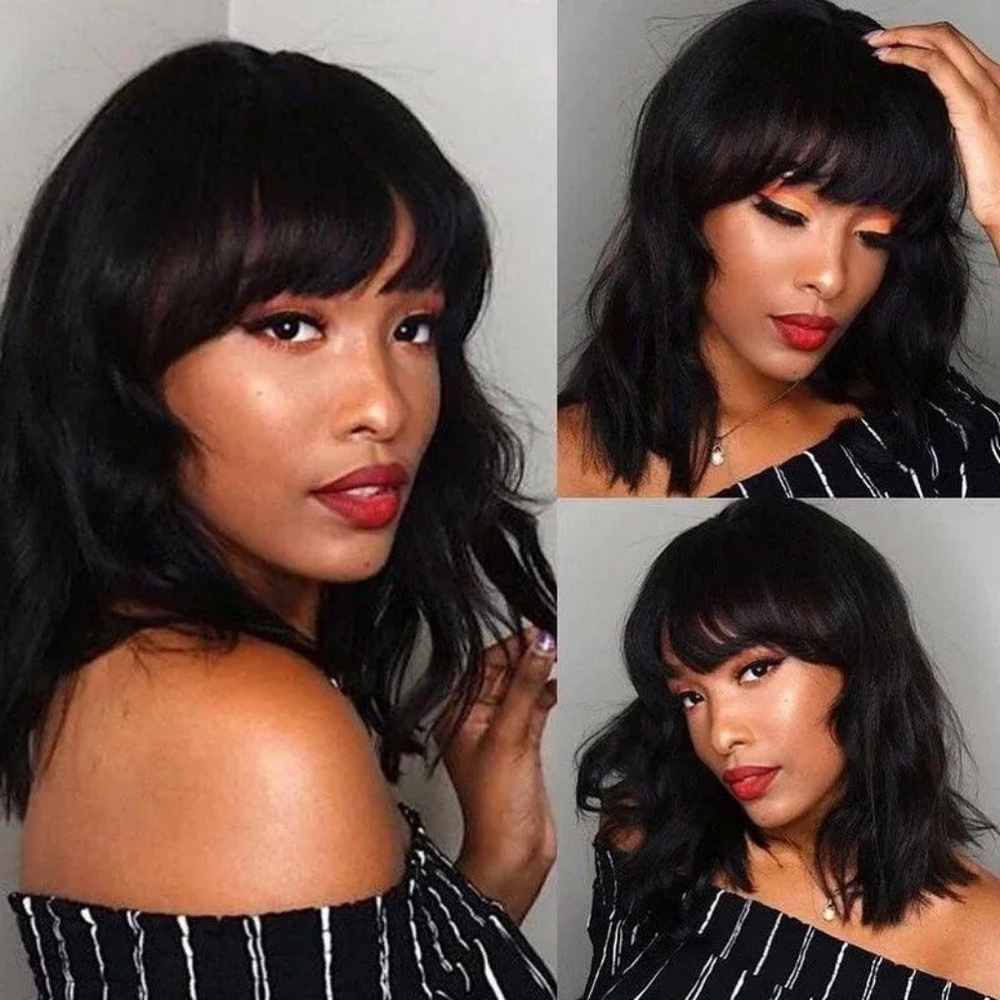 New Natural Black 100% Human Hair Wig With Bangs - Picture 14 of 16